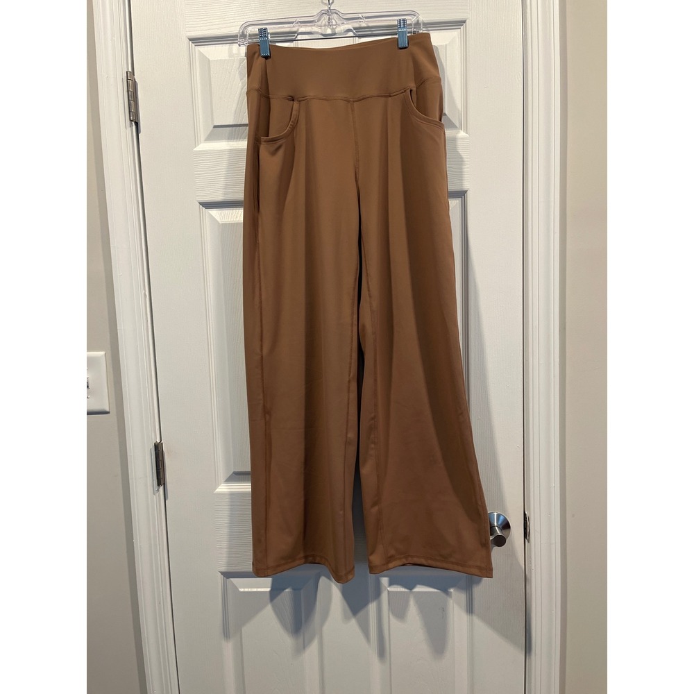Esoft Womens Wide Leg Yoga Pants Tan Brown High Waisted Activewear Trouse Size M
